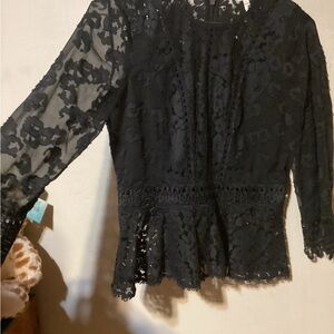 Rebecca Taylor Elegant Black Silk Floral Lace Sheer Peplum Blouse Size 6